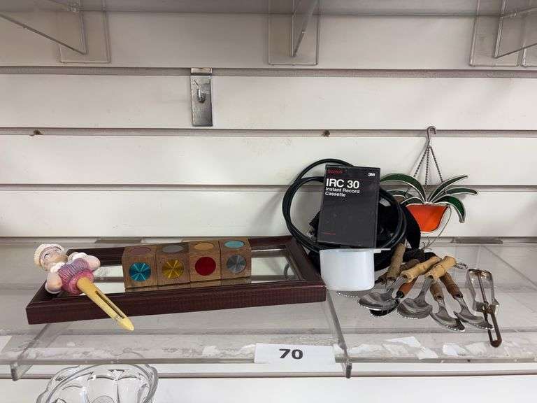 THOSE BLOCKS “A Mental Puzzel “ Austin Enterprises Brain Cube 1960’s, small wood framed mirror , wooden handled spoons , and miscellaneous image