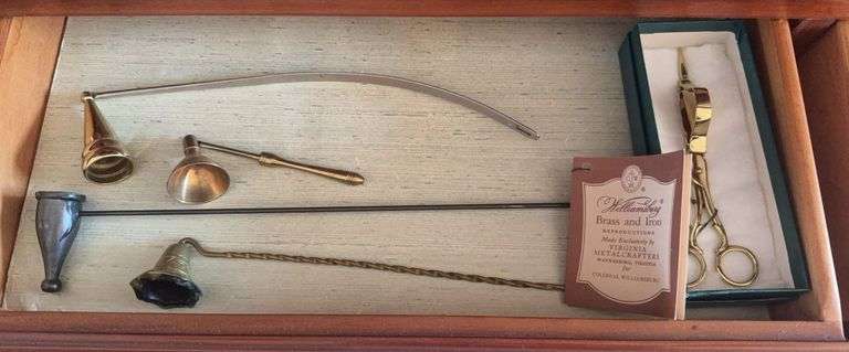 4 candle snuffers, Williamsburg reproduction wick trimmer image