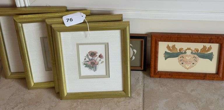 4 small green framed prints, 2 small prints image