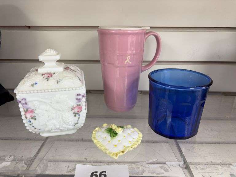 Westmoreland “Beaded Grape” pattern candy dish with lid , Longaberger  Horizon of Hope pink travel coffee mug ,cobalt blue glass stamped with 500 made in France and scent heart image