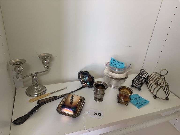 Pewter candle stick, Reed & Barton Paul revere design bowls. Silver plate napkin holders, tooth picks, ladle, image