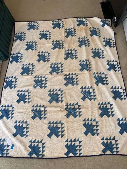 Maple leaf block antique quilt with wear and stains 64” x 78” image