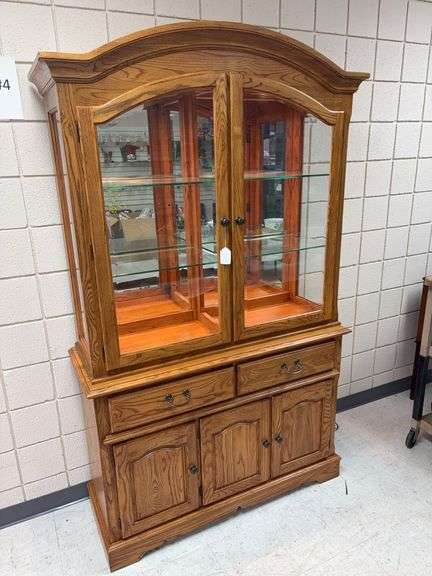 Beautiful Solid Oak 2 pc Lighted China Cabinet w/ glass shelves image