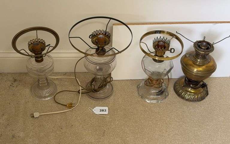 3 antique glass converted oil lamps, 1 brass electrified oil lamp image