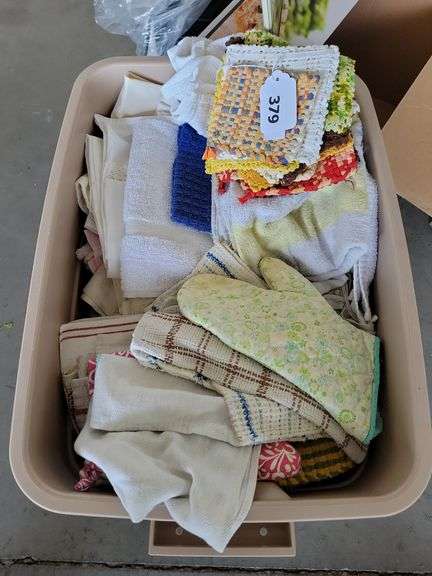 Plastic Tubs w/Kitchen Linens, Potholders, Towels, Curtain Rods image