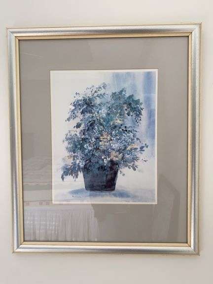 Floral watercolor signed Bertrand, converted electric table lamp image