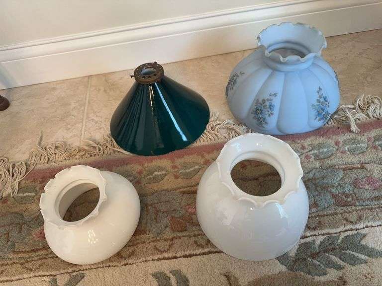 2 milk glass shades, green glass shade, blue satin glass shade image