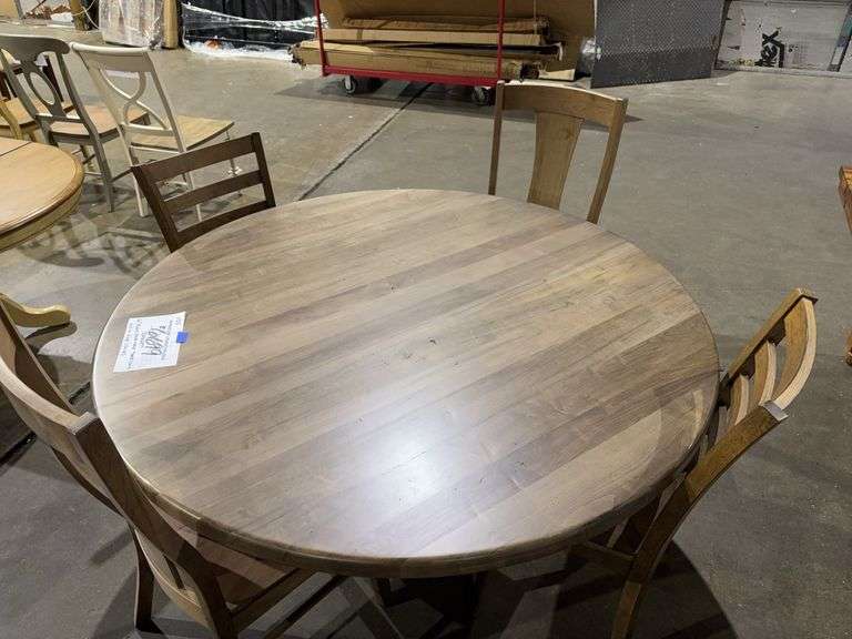 BASSETT 60” ROUND SOLID MAPLE TABLE & BASE W/ 4 SIDE CHAIRS image