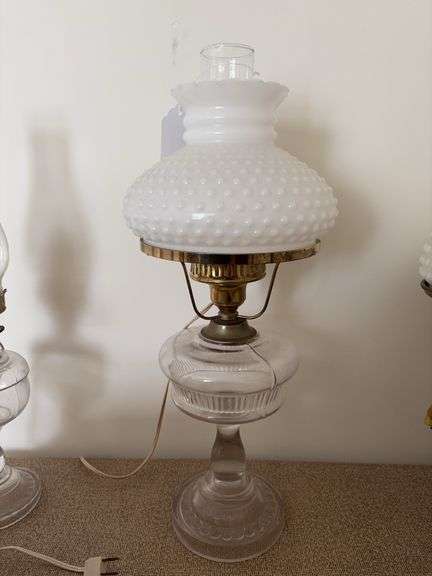 Electrical converted hurricane lantern with white hobnail milk glass shade image