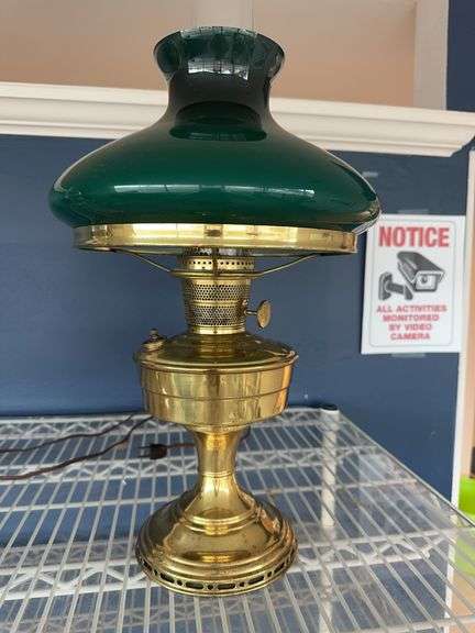 Aladdin Nu-Type Model B Brass lamp with electric converter and green glass shade 24” tall image