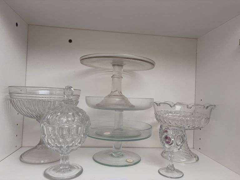Small Clear glass pedestal cake stands, covered pedestal candy dish. Wine, pedestal dish image