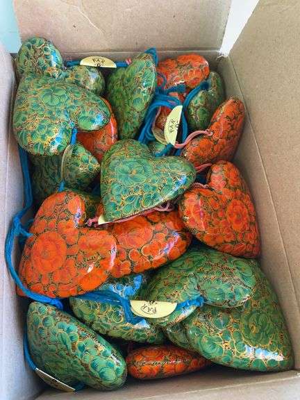 Box of Kashmir India PAK YAK, hand made and painted, 56 small 3” hearts green and orange image