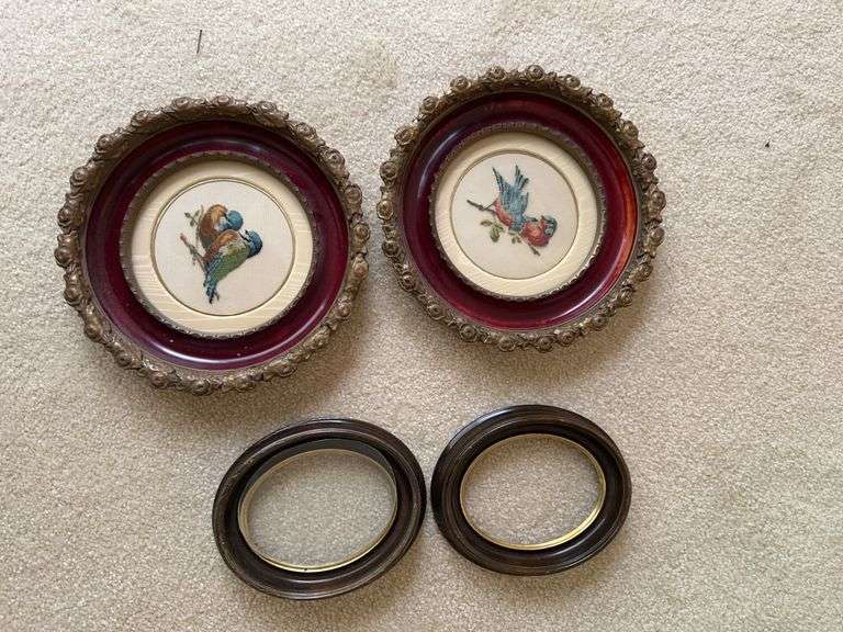 2 cross stitched  framed pictures  8 .5 “  3 small oval frames only 1 with glass image
