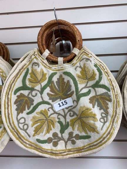 5 - Kashmiri handbags with crewel decoration, green, yellow and brown leaves image
