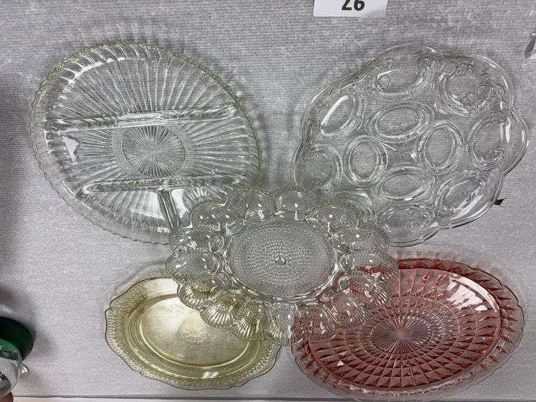 Vintage pink depression glass platter , clear glass deviled egg platters , divided plate and yellow depression glass image