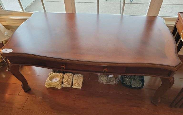 American Signature Coffee Table w/Drawer and Contents, Tablecloth image