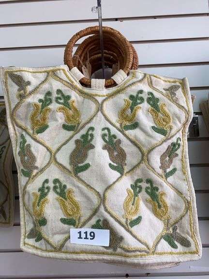 8 - Kashmiri handbags with crewel decoration, yellow, brown and green floral image