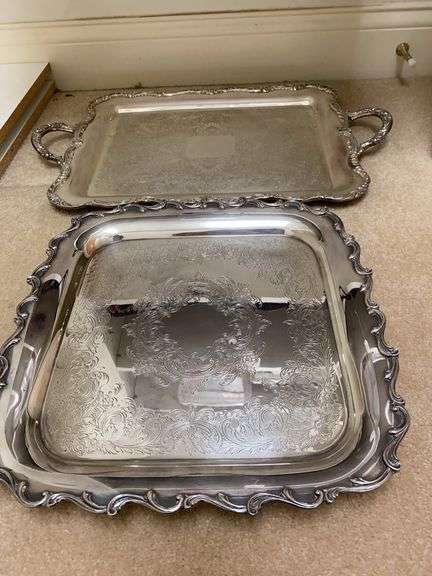 Two silver plated trays, 15” sq, 14” x 23” image