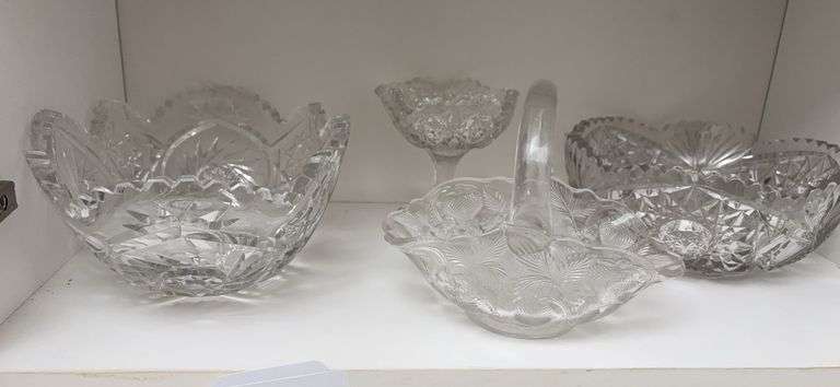 2 cut glass bowls, small pattern glass pedestal dish, glass basket image
