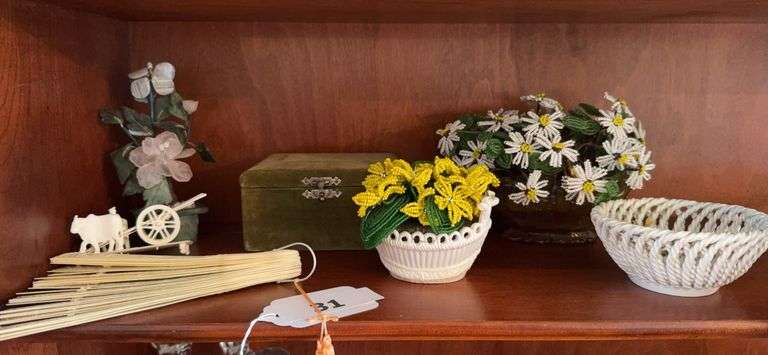 6" jade plant, 3 bead flowers, ceramic dish, plastic fan & figurine image