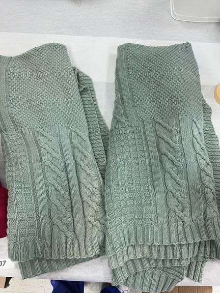 2 green Pottery Barn blankets, large red pillow image