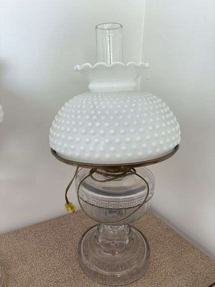 Electrical converted hurricane lantern  with white milk glass  hobnail shade image