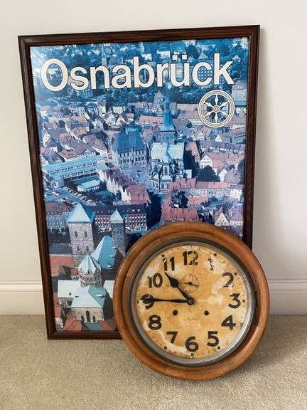 Vintage/antique wall clock, 24.5 x 35” framed Osnabruck poster image