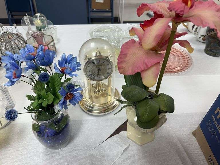2 floral arrangements, clock image
