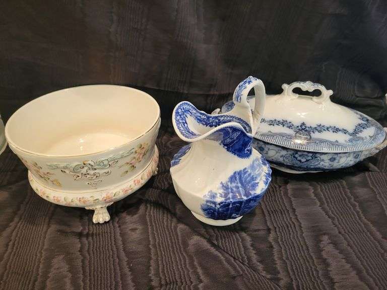 Vintage Flow Blue Covered Casserole, Blue and White Pitcher (chips/cracks), Footed Casserole image