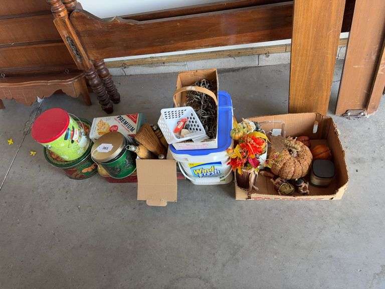 Whisk brooms, tins, peg board hooks, fall decor image