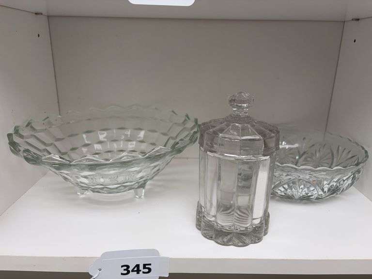 Fostoria style footed bowl, heavy glass jar w/ lid( has chips), pattern glass bowl image