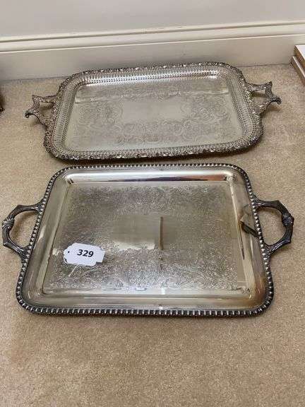Two silver plated large handled trays, 14” x 22”, 17” x 27” image