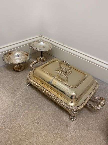 Silver plated, warming dish, two silver plated, pedestal dishes image