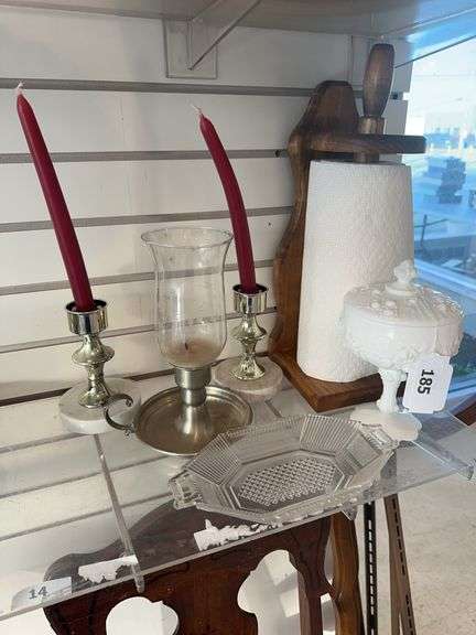 Paper towel holder, milk glass covered candy dish, pair of candle holders, clear glass dish image