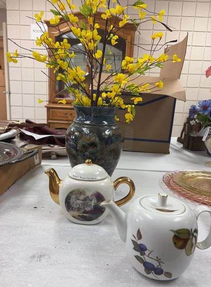 2 vintage teapots and glazed pottery vase signed by Crane with artificial forsythia branches image