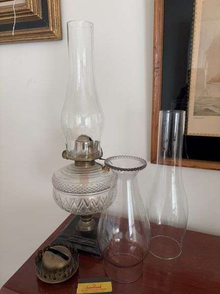 Metal base hurricane lantern , 2 spare hurricane chimneys and Esterbrook Pens image