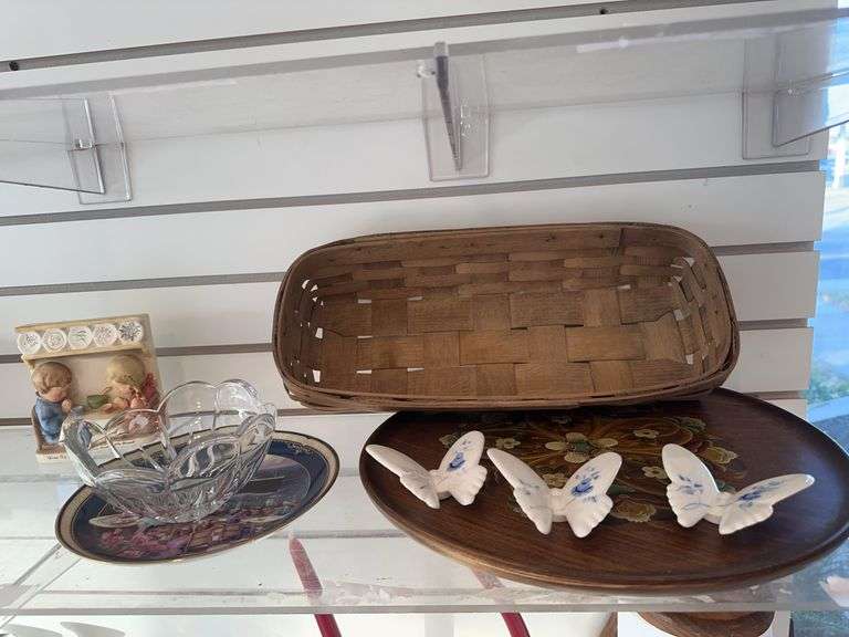 Mikasa clear glass bowl, basket, Wooden lazy susan, 3 china butterflies image