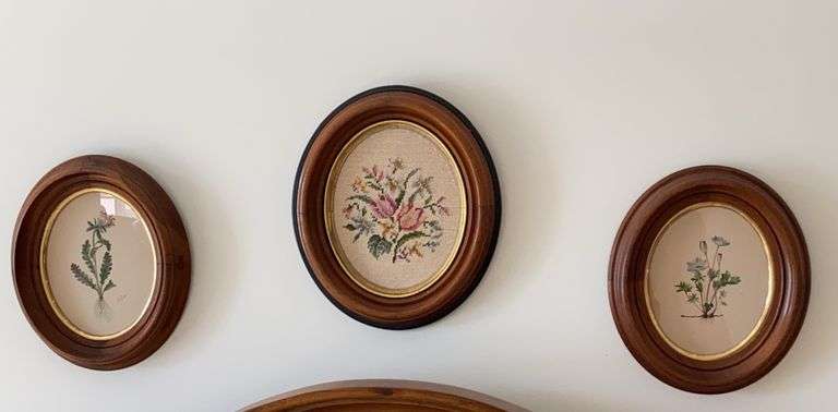 2 - 12” x 14” oval floral prints, 1 - 13” x 15” needle point tulips image