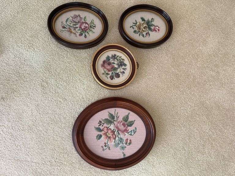 4 vintage needlepoint artwork. From 7” round. 8.5 x 63/4 oval  12.5 x 11 oval image