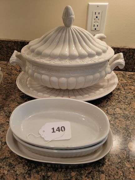 Soup Tureen w/Lid, Ladle & Platter, Small Oval Casseroles (chips) image