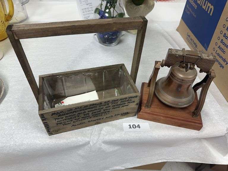 Brass bell on stand(missing ringer) wooden planter image
