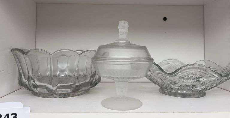 Pressed glass ruffled top bowl, pedestal covered dish w/ frosted portrait finial & base. Panel glass bowl image