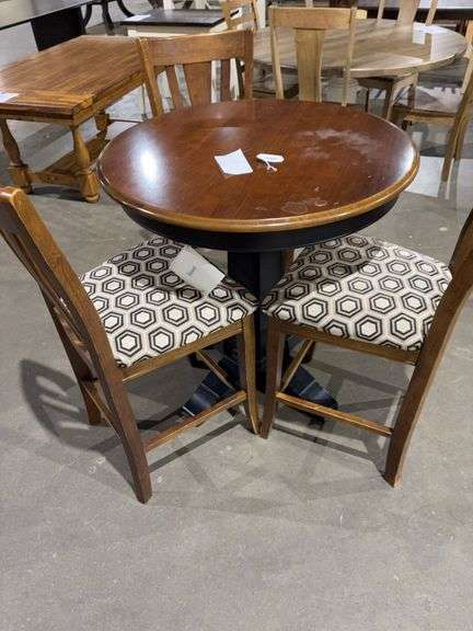 BASSETT PEDESTAL TABLE & 3 COUNTER HEIGHT STOOLS( has some finish damage) image