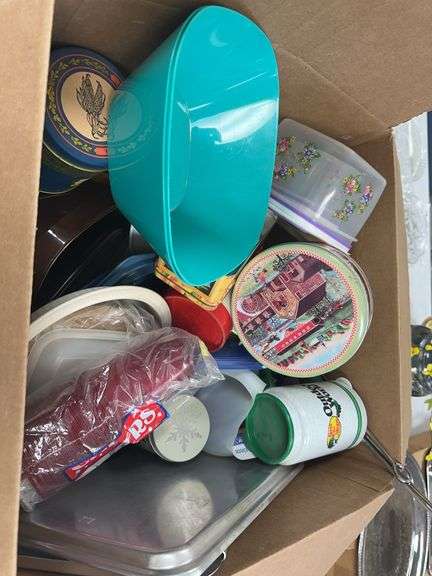 Box of tins, plastic containers, misc image