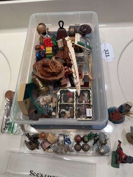 Box of vintage thimbles, miniatures , & misc image