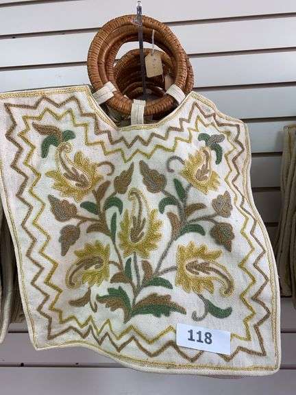 8 - Kashmiri handbags with crewel decoration, yellow, brown and green floral image