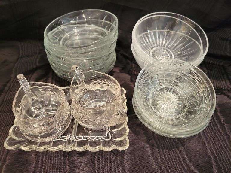 Pressed Glass Creamer/Sugar/Tray, 6 Arcoroc Thumb Print Bowls (France), 3 Pressed Glass Bowls, 3 Crystal Bowls image