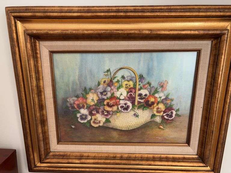 Signed Watercolor basket of pansies painting 21.5” x 17.5” image