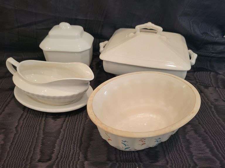 Vintage T & R Boote Royal Premium Semi-Porcelain Square Casserole (chip), Lidded Small Tureen, Paddock & Co Gravy Boat & Saucer, Oval Floral Motif Bowl (hole) image