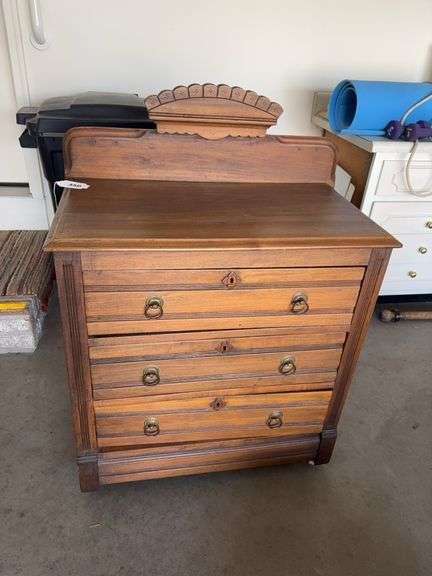 Antique Walnut 3 drawer bachelor chest w/ brass pulls image
